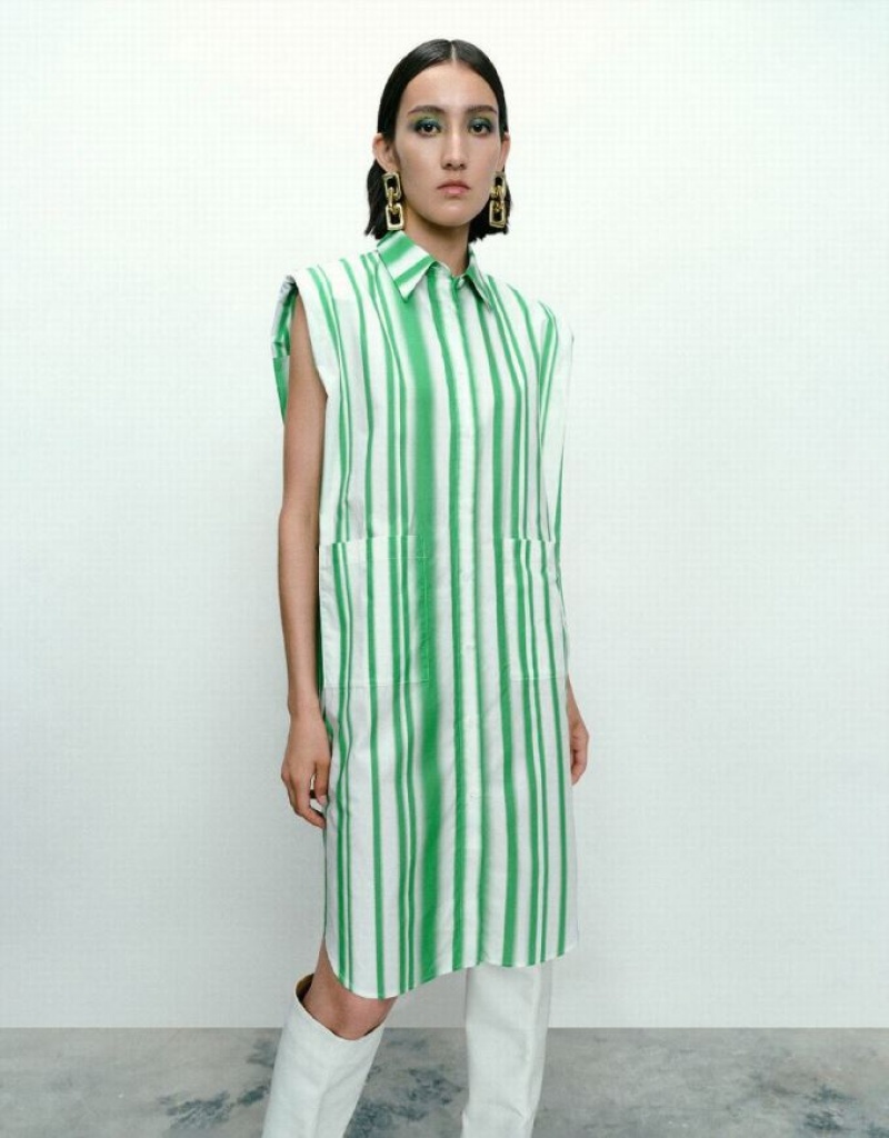 Urban Revivo Striped Sleeveless Women\'s Shirt Dress Green | OPJXFAD-07