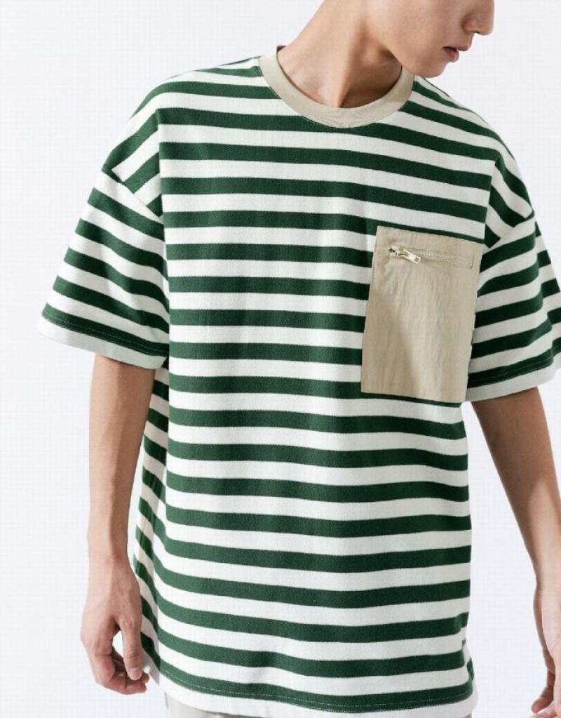 Urban Revivo Striped Straight Men's T-Shirts Green | RHMLCYQ-74