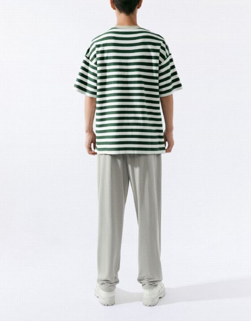 Urban Revivo Striped Straight Men's T-Shirts Green | RHMLCYQ-74