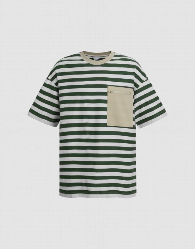 Urban Revivo Striped Straight Men\'s T-Shirts Green | RHMLCYQ-74