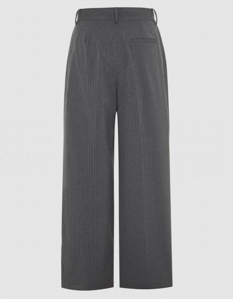 Urban Revivo Striped Tailored Wide-Leg Women's Pants Grey | OUASQWM-46