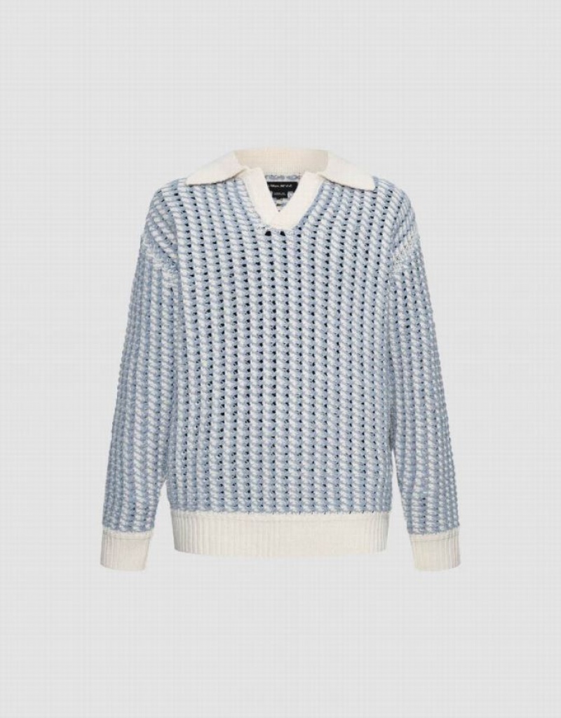 Urban Revivo Striped Two Toned Knitted Men's Cardigan Light Blue | RPDXNWY-45