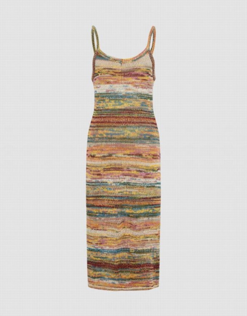 Urban Revivo Striped V-Neck Cami Women's Knitted Dress Multicolor | EFRKNCG-16