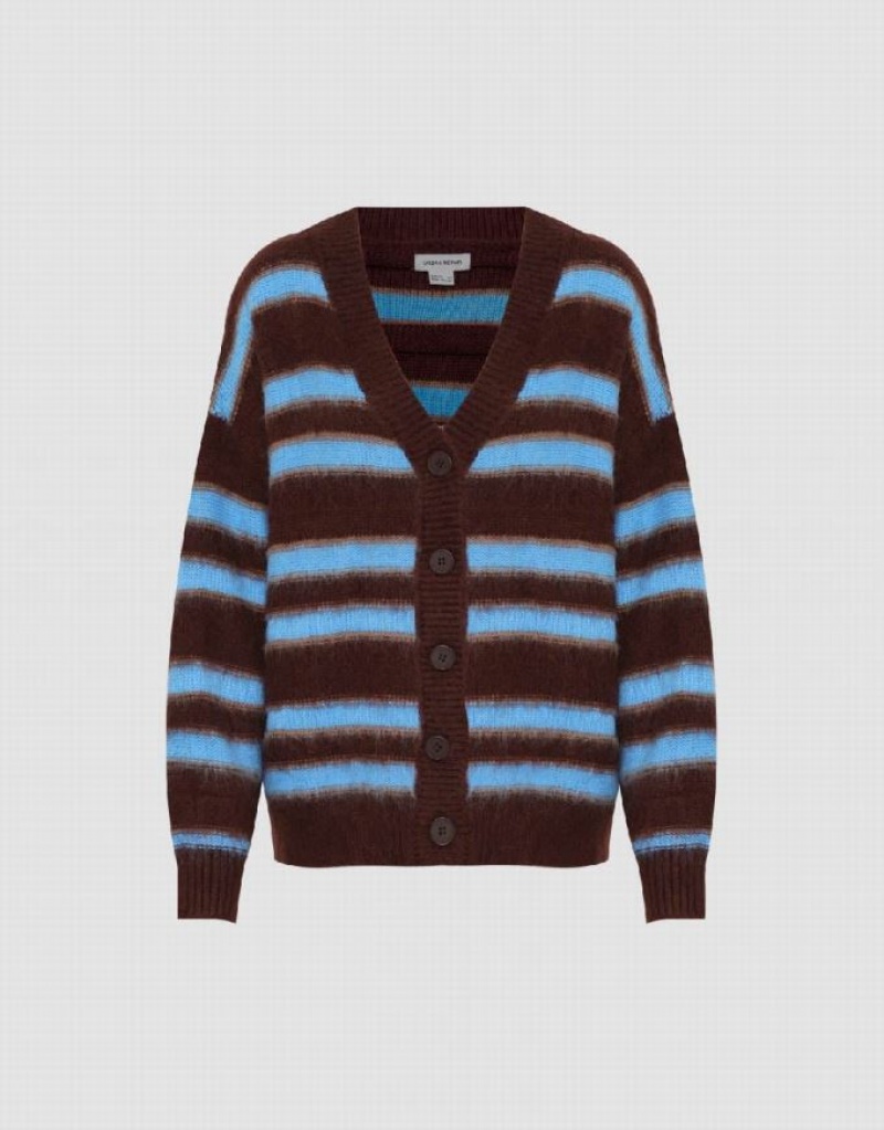 Urban Revivo Striped V-Neck Knitted Women's Cardigan Blue | AVJKMEQ-92