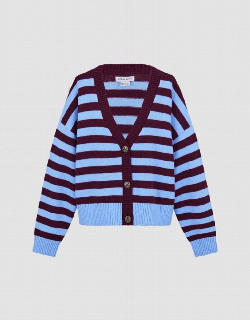 Urban Revivo Striped V-Neck Knitted Women's Cardigan Red | EIWMBLX-91