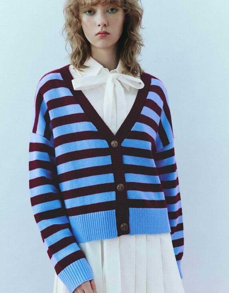 Urban Revivo Striped V-Neck Knitted Women's Cardigan Red | EIWMBLX-91