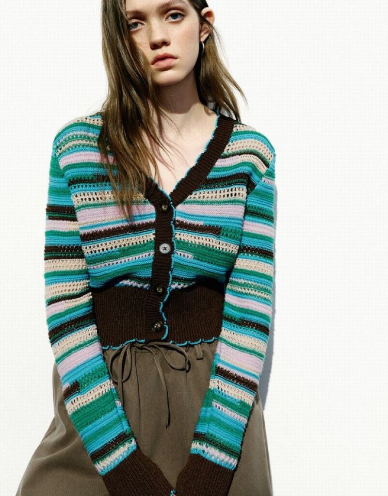 Urban Revivo Striped V-Neck Knitted Women's Cardigan Multicolor | KNHRLUS-94