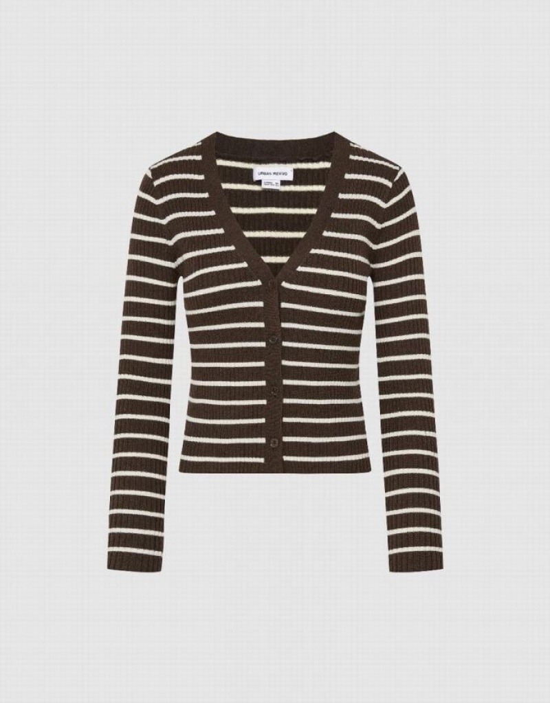 Urban Revivo Striped V-Neck Knitted Women's Cardigan Coffee | CDQTJGE-54