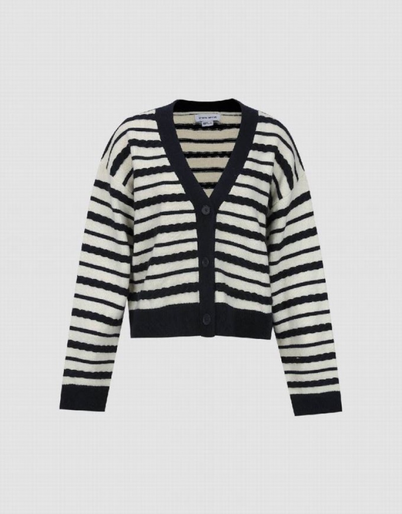 Urban Revivo Striped V-Neck Knitted Women's Cardigan Blue | OHYKZML-13