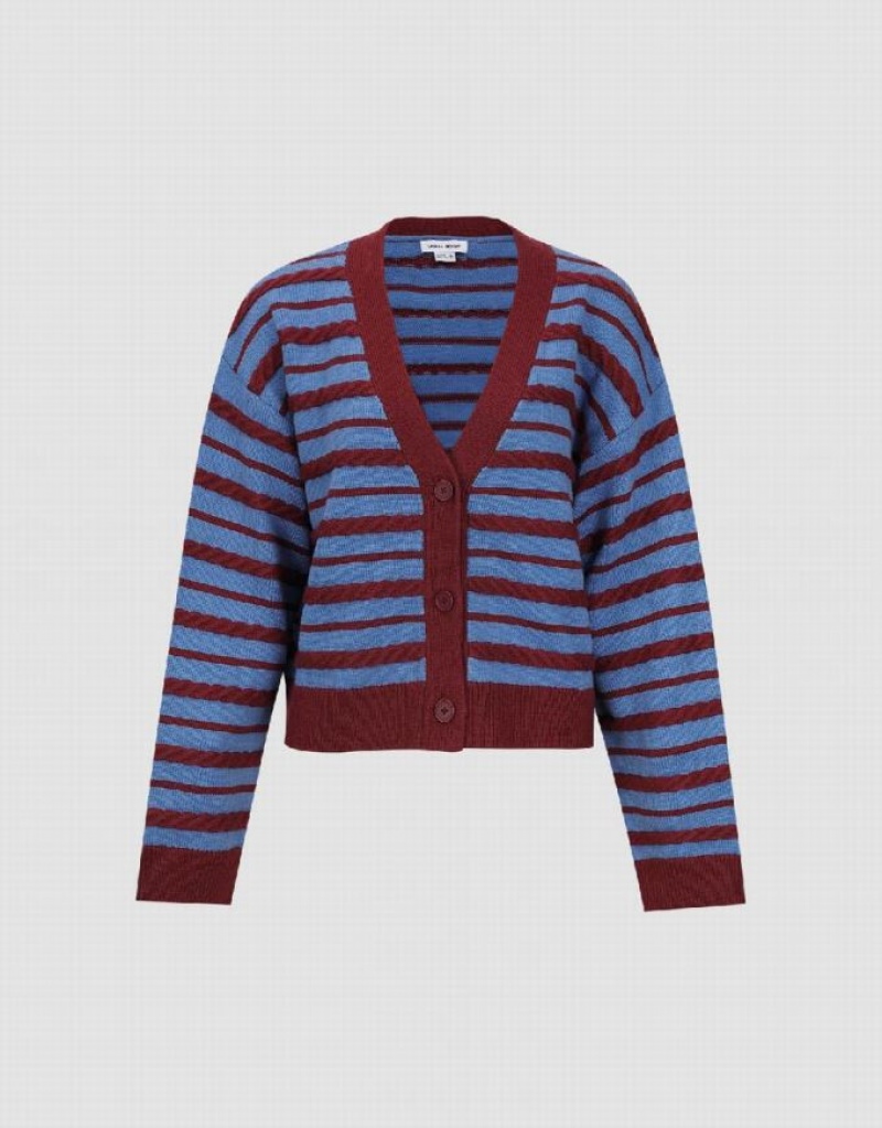 Urban Revivo Striped V-Neck Knitted Women's Cardigan Red | WFRKTJM-34