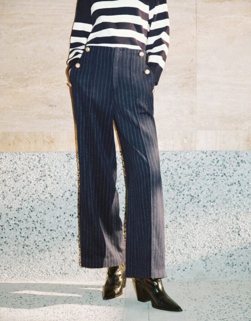 Urban Revivo Striped Wide-Leg Women's Pants Blue | KWDEMQO-92