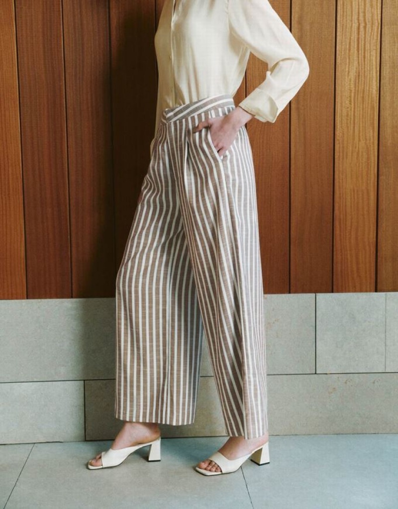 Urban Revivo Striped Wide-Leg Women's Pants Brown | RCGLKDZ-76