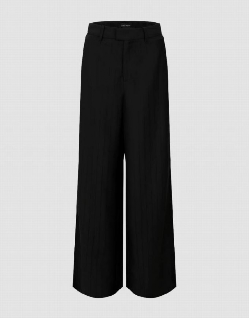 Urban Revivo Striped Wide-Leg Women\'s Pants Black | BNVZRIY-64