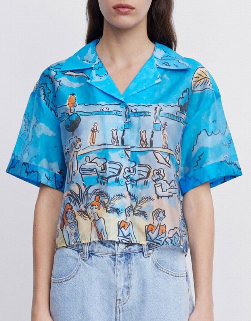 Urban Revivo Summer Landscape Women's Shirts Blue | FBYEZPR-25