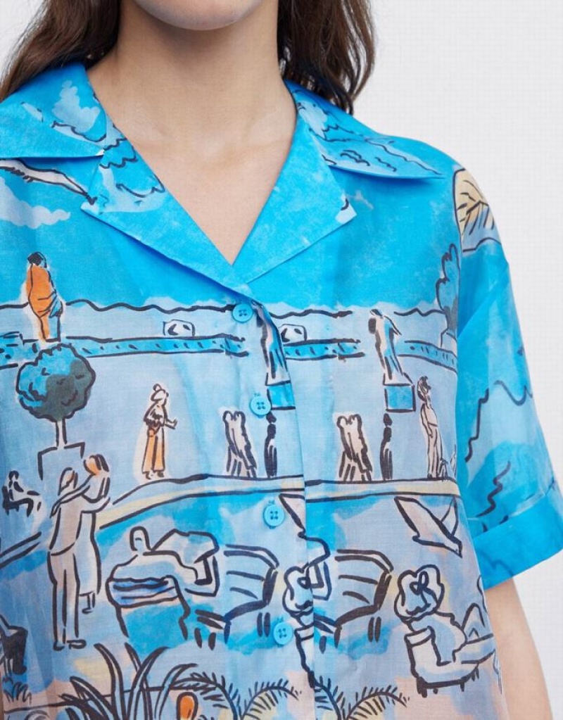 Urban Revivo Summer Landscape Women's Shirts Blue | FBYEZPR-25