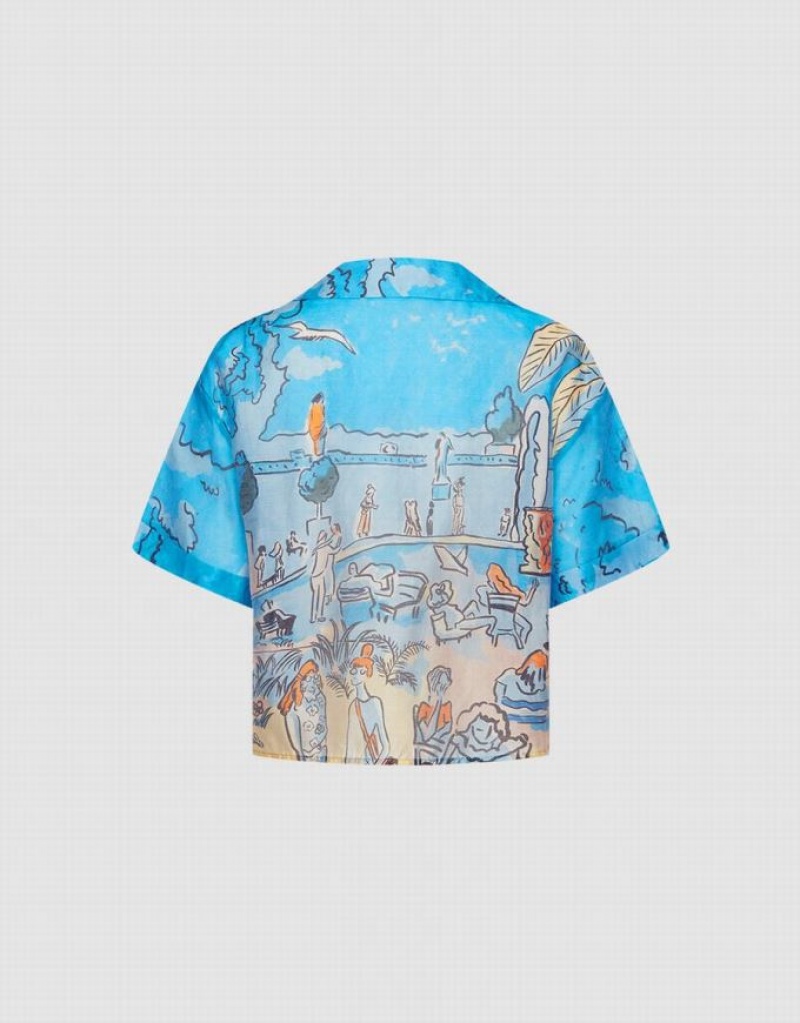 Urban Revivo Summer Landscape Women's Shirts Blue | FBYEZPR-25