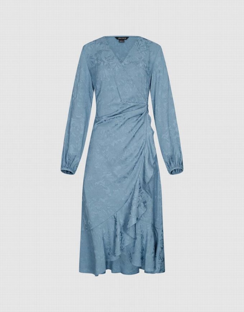 Urban Revivo Surplice Front Midi A-Line Women's Midi Dress Blue | SKHIGMT-14