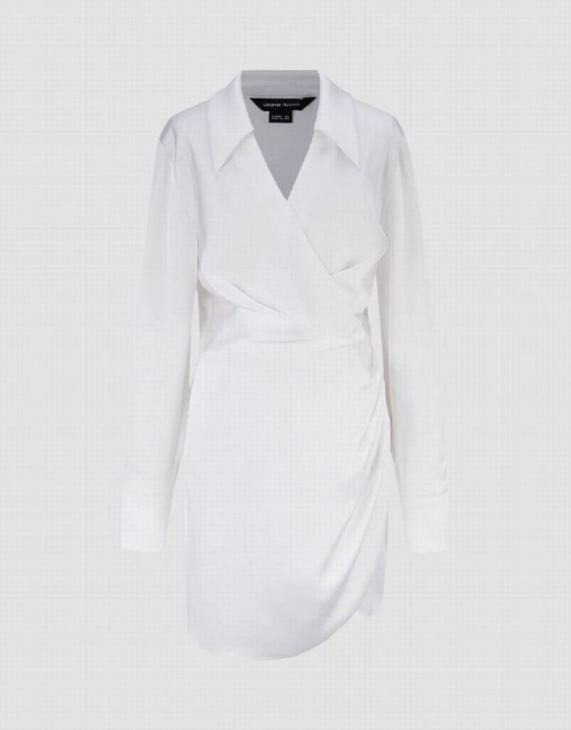 Urban Revivo Surplice Front V-Neck Lapel Skater Women's Short Dress White | QKUJYVA-12