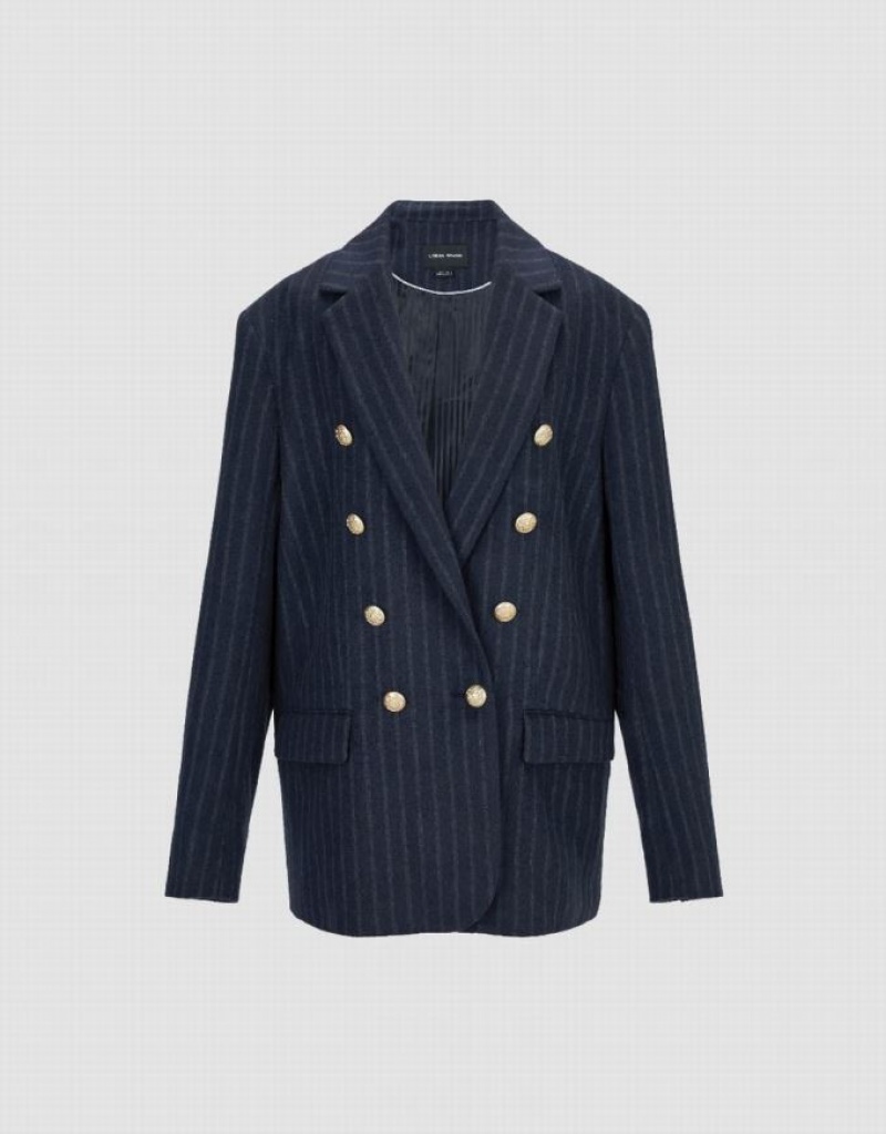 Urban Revivo Tailored Striped Notch Lapel Women's Blazers Blue | SXEHBWY-08