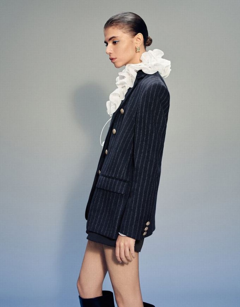 Urban Revivo Tailored Striped Notch Lapel Women's Blazers Blue | SXEHBWY-08