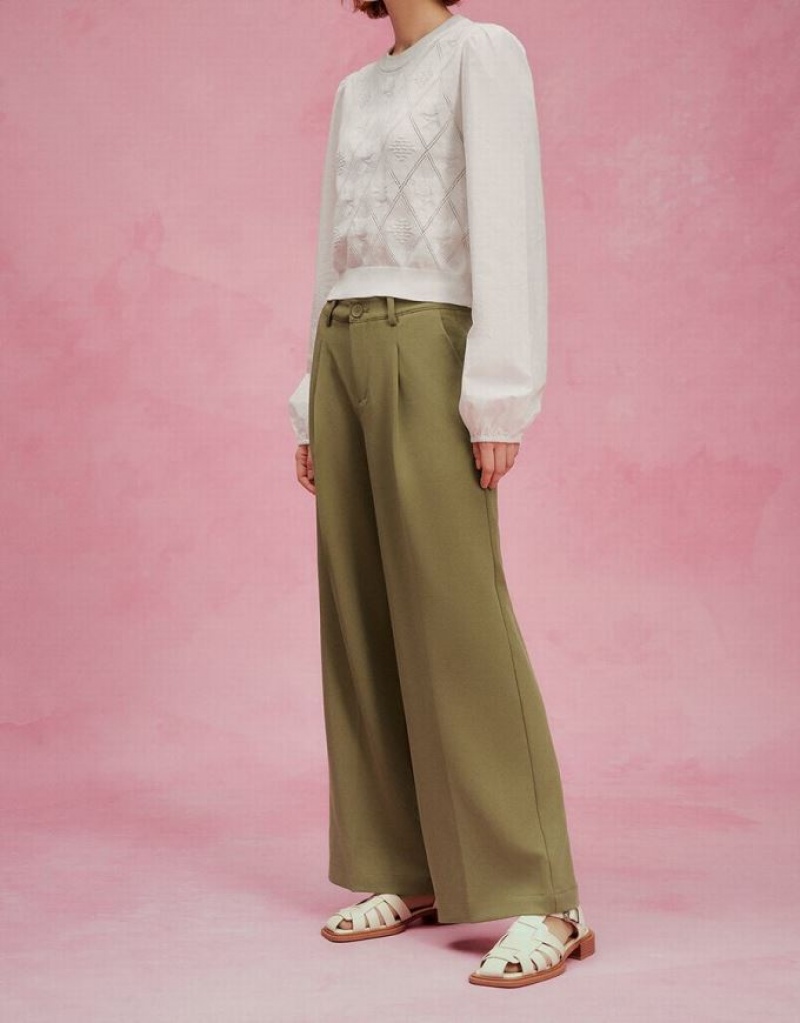 Urban Revivo Tailored Wide-Leg Women's Pants Khaki | VUKFOLT-78