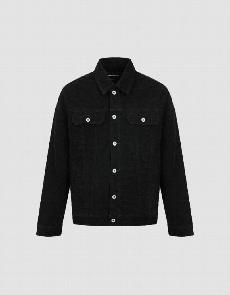 Urban Revivo Textured Button Up Men's Denim Jackets Black | JPVRHQO-53