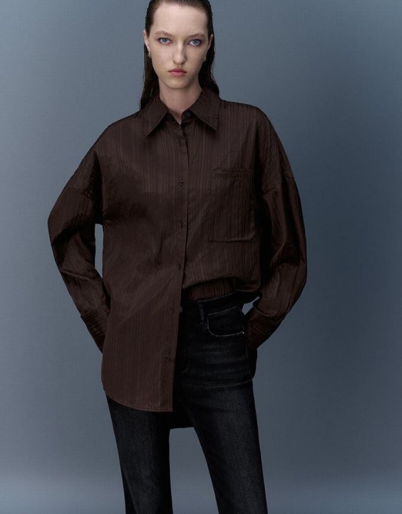 Urban Revivo Textured Button Up Oversized Women's Shirts Coffee | CARZKJO-63