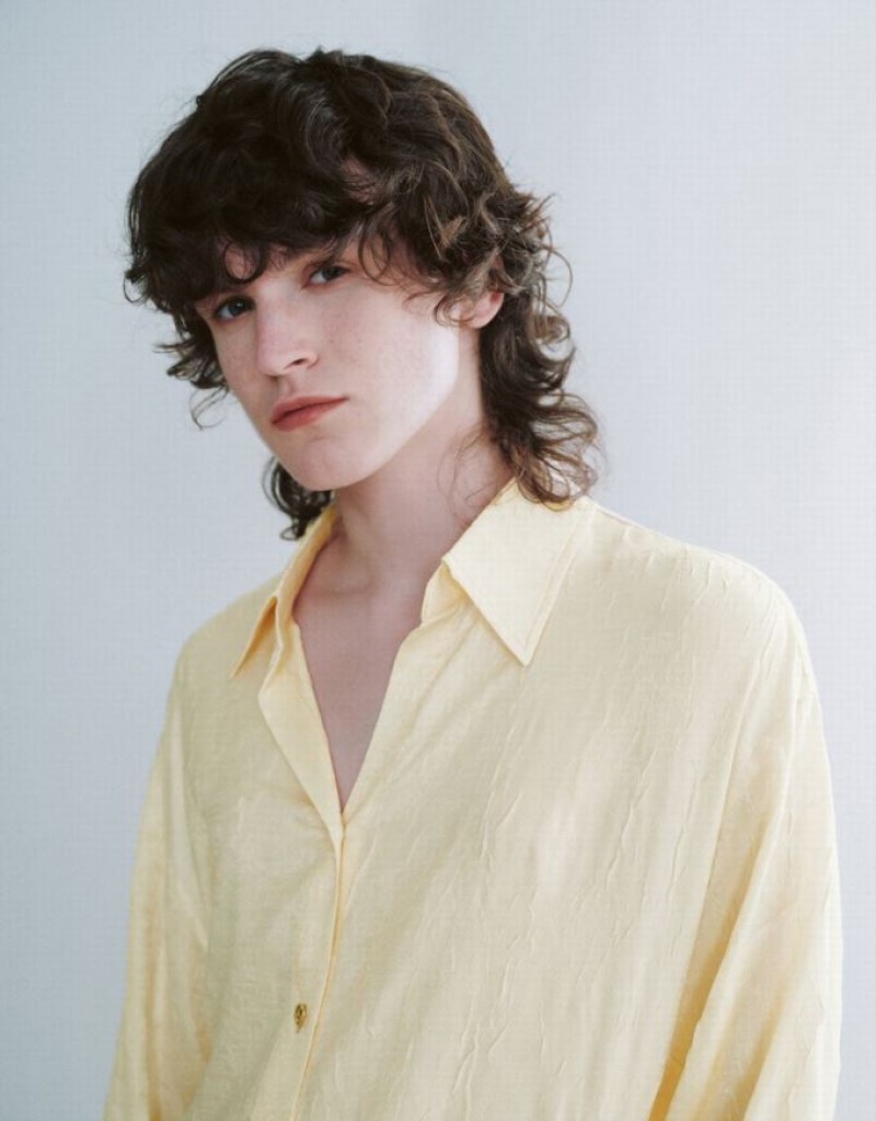 Urban Revivo Textured Button Up Straight Women's Shirts Yellow | CLQXJTI-47