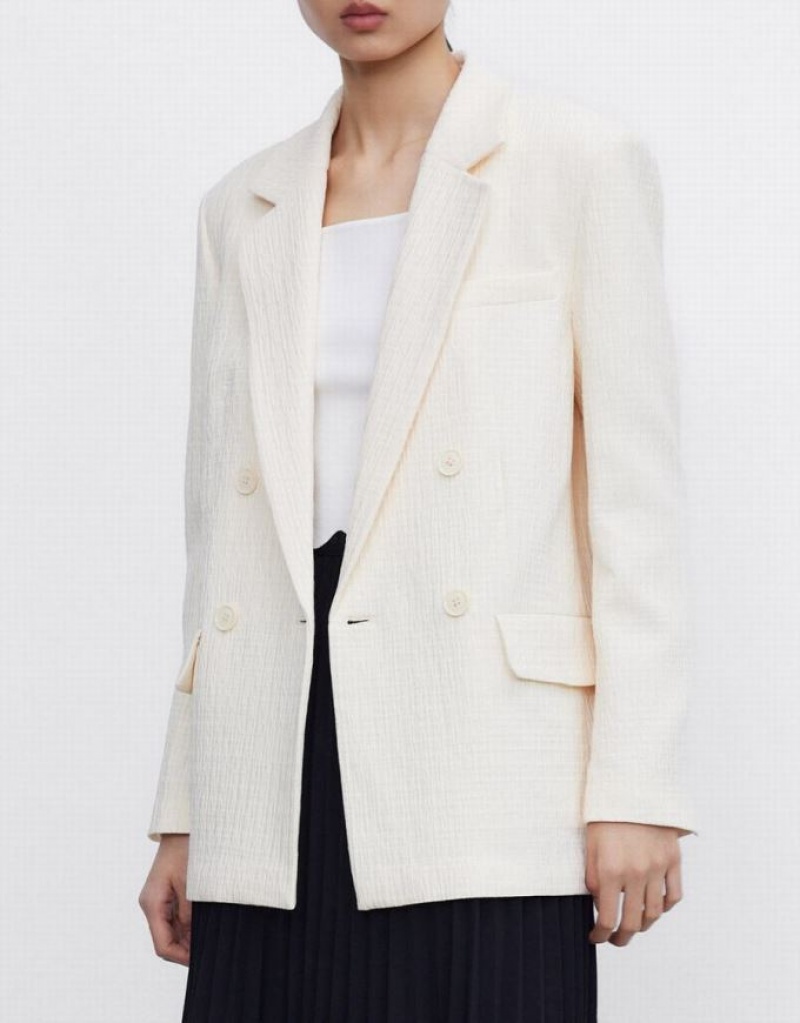 Urban Revivo Textured Double Breasted Women's Blazers White | XYQPLRN-06