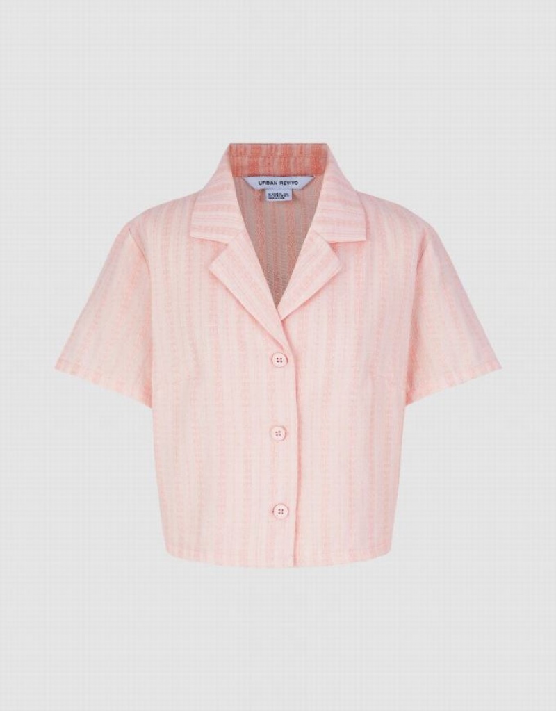 Urban Revivo Textured Lapel Women's Shirts Pink | SZNOGPF-67