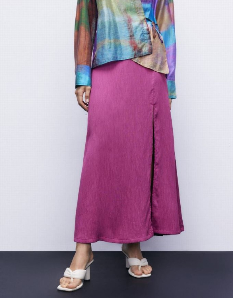 Urban Revivo Textured Midi A-Line Women's Skirts Purple | FHKUEOA-09