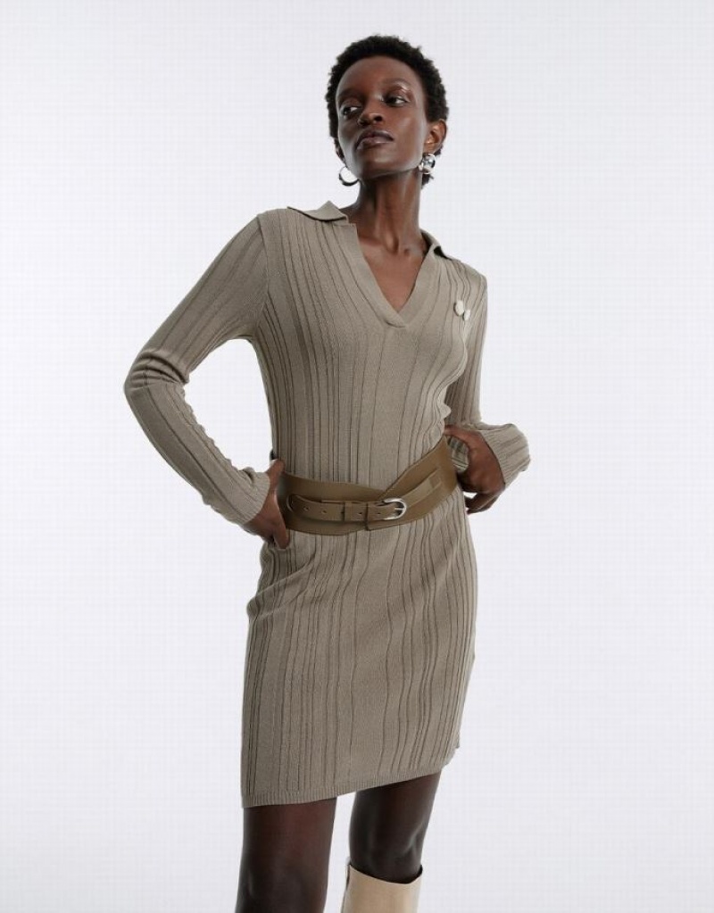 Urban Revivo Textured Mini Women's Knitted Dress Khaki | GXTIPLW-16