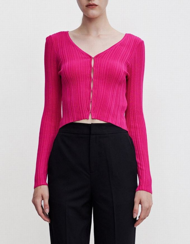 Urban Revivo Textured Rib Knit Women's Cardigan Pink | XSMPYKJ-01