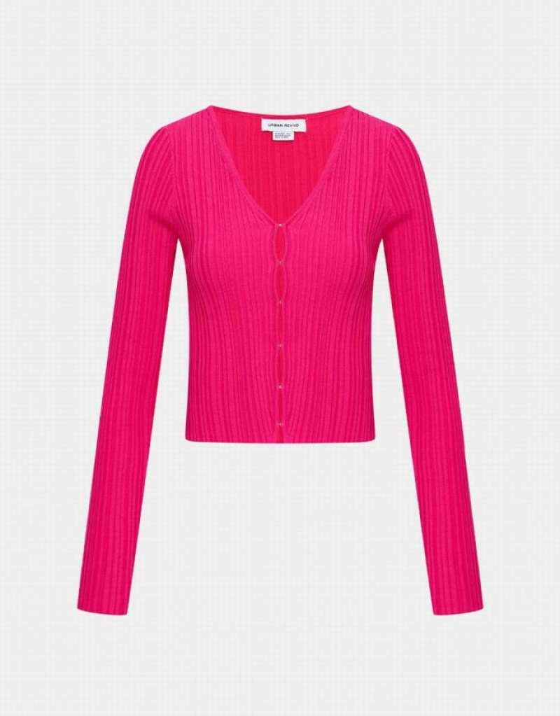 Urban Revivo Textured Rib Knit Women\'s Cardigan Pink | XSMPYKJ-01