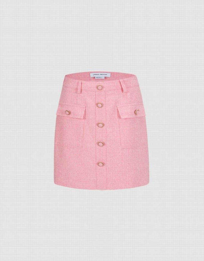 Urban Revivo Textured With Buttons Women\'s Skirts Pink | OYCEVSJ-82