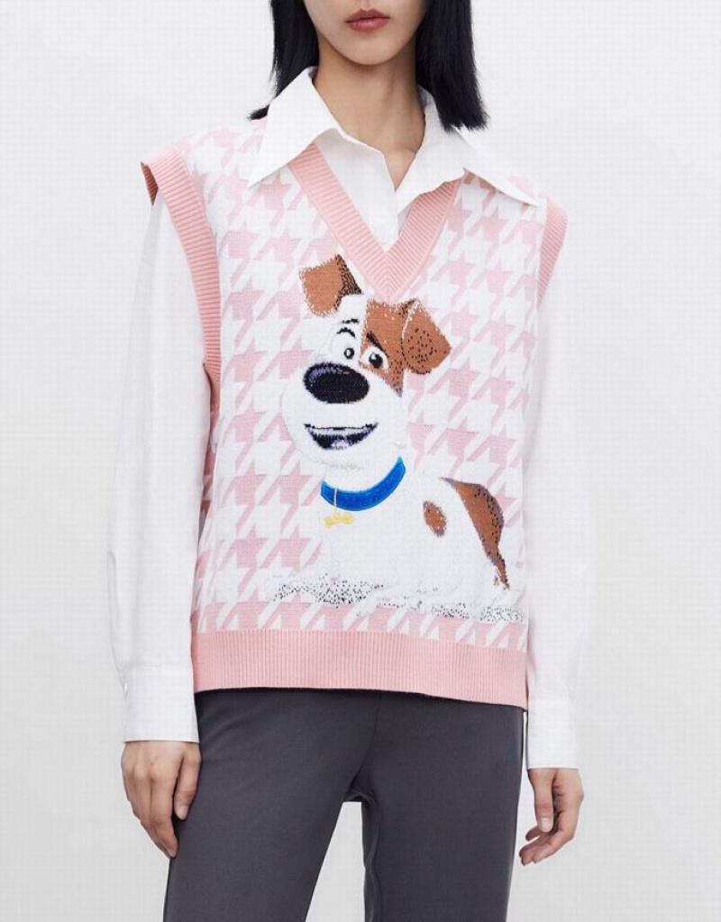 Urban Revivo The Secret Life Of Pets Houndstooth Women's Sweater Vest Pink | BTFNCUW-01