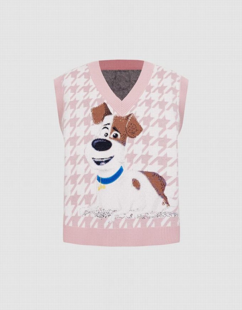 Urban Revivo The Secret Life Of Pets Houndstooth Women\'s Sweater Vest Pink | BTFNCUW-01