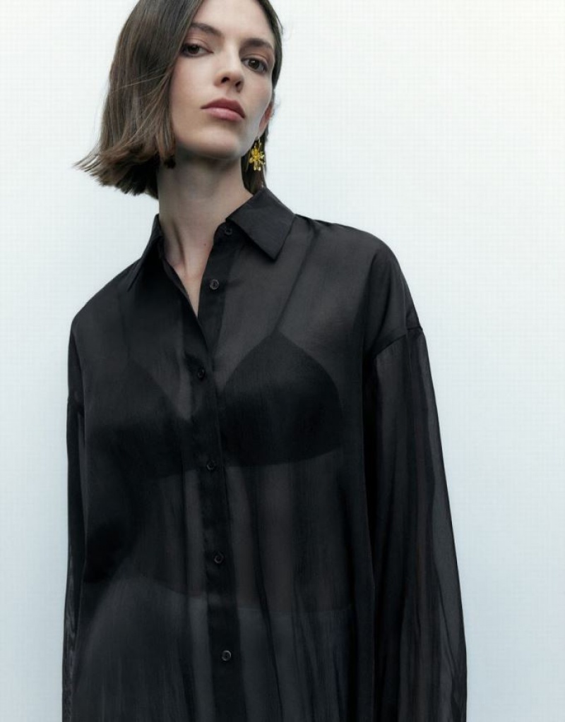 Urban Revivo Thin Button Up Loose Women's Shirts Black | PKDTFWH-13