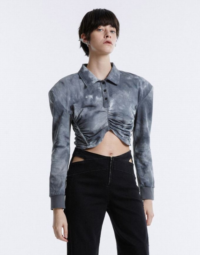 Urban Revivo Tie-Dye Ruched Crop Women's Blouse Grey | ZQILYKC-18