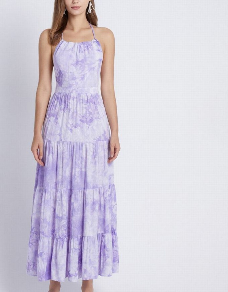 Urban Revivo Tie Dye Tiered Backless Halter Women's Casual Dress Purple | GDKQLRW-78