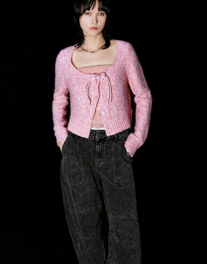 Urban Revivo Tie Front Crew Neck Knitted Women's Cardigan Pink | FPTWURI-20