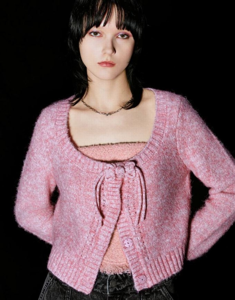 Urban Revivo Tie Front Crew Neck Knitted Women's Cardigan Pink | FPTWURI-20