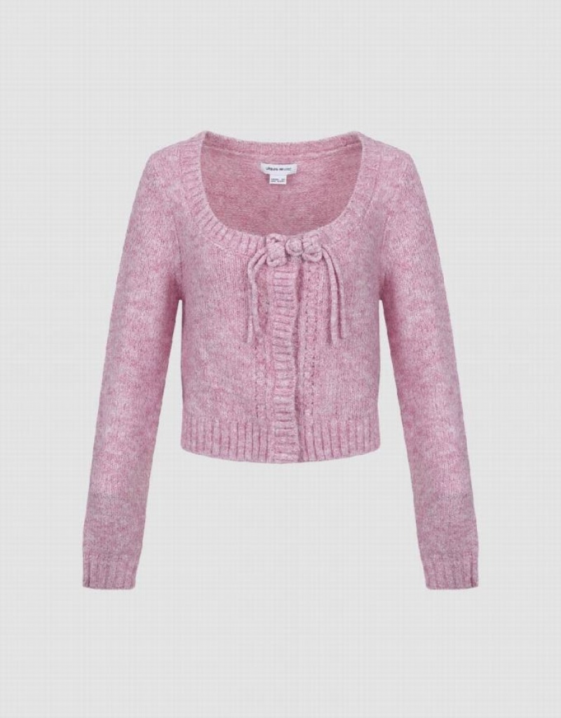 Urban Revivo Tie Front Crew Neck Knitted Women\'s Cardigan Pink | FPTWURI-20