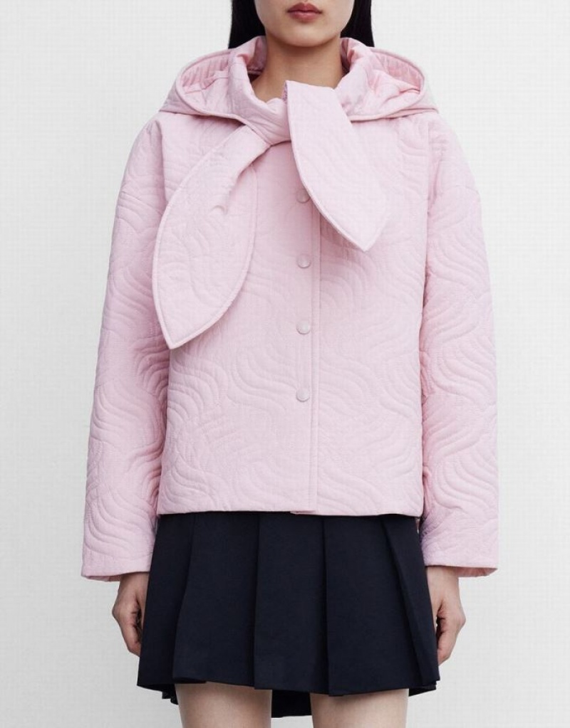 Urban Revivo Tie Front Hooded Textured Winter Women's Coats Pink | ZKHIPWB-38