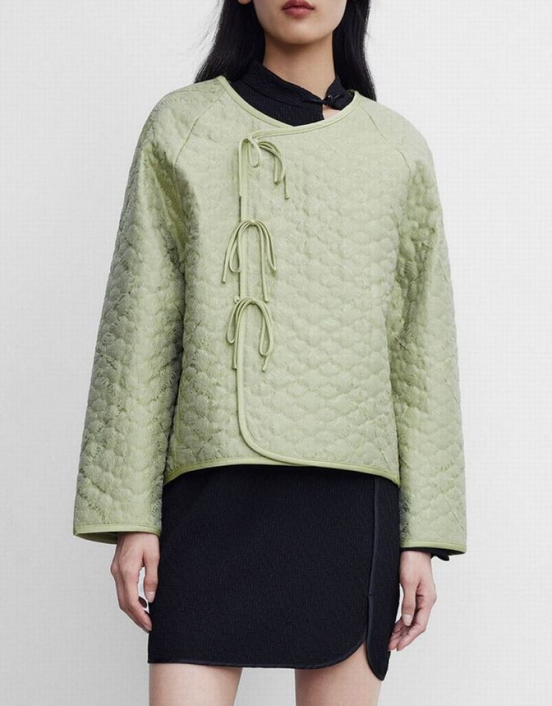 Urban Revivo Tie Front Textured Winter Women's Coats Green | FTWCXKY-40