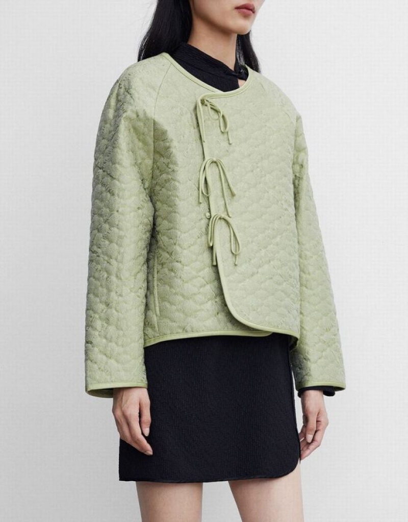 Urban Revivo Tie Front Textured Winter Women's Coats Green | FTWCXKY-40