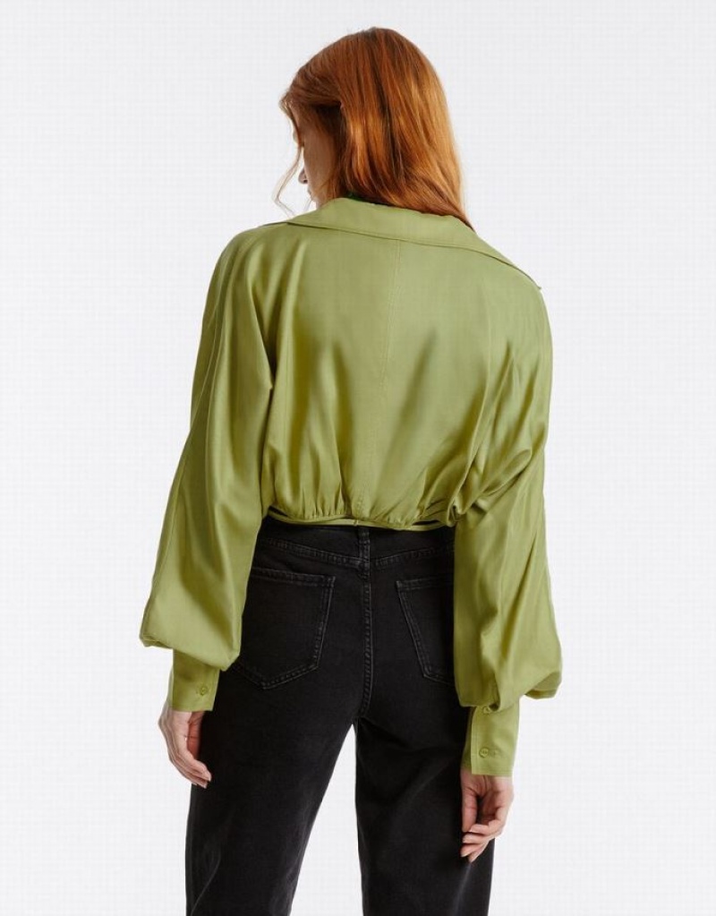 Urban Revivo Tie Front Wrap Women's Shirts Green | OFYEJBG-58