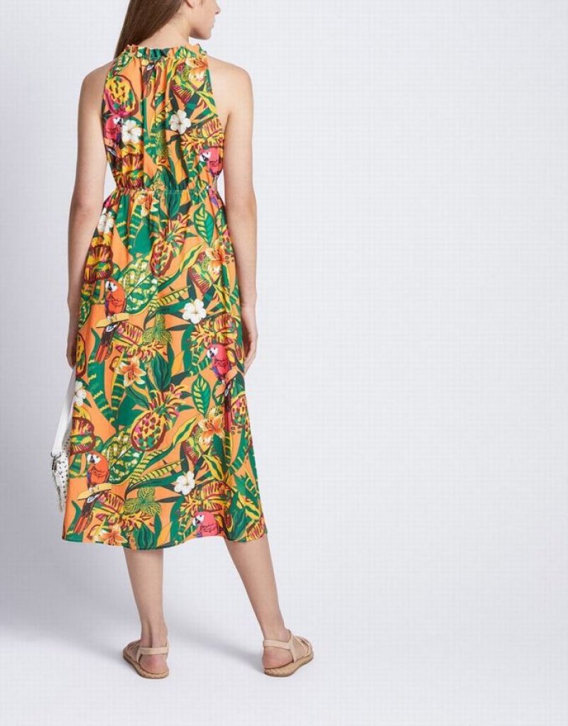 Urban Revivo Tropical Print Cut Out Sleeveless Midi Sun Women's Midi Dress Yellow | MZLHJQR-04