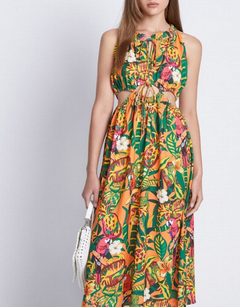 Urban Revivo Tropical Print Cut Out Sleeveless Midi Sun Women's Midi Dress Yellow | MZLHJQR-04