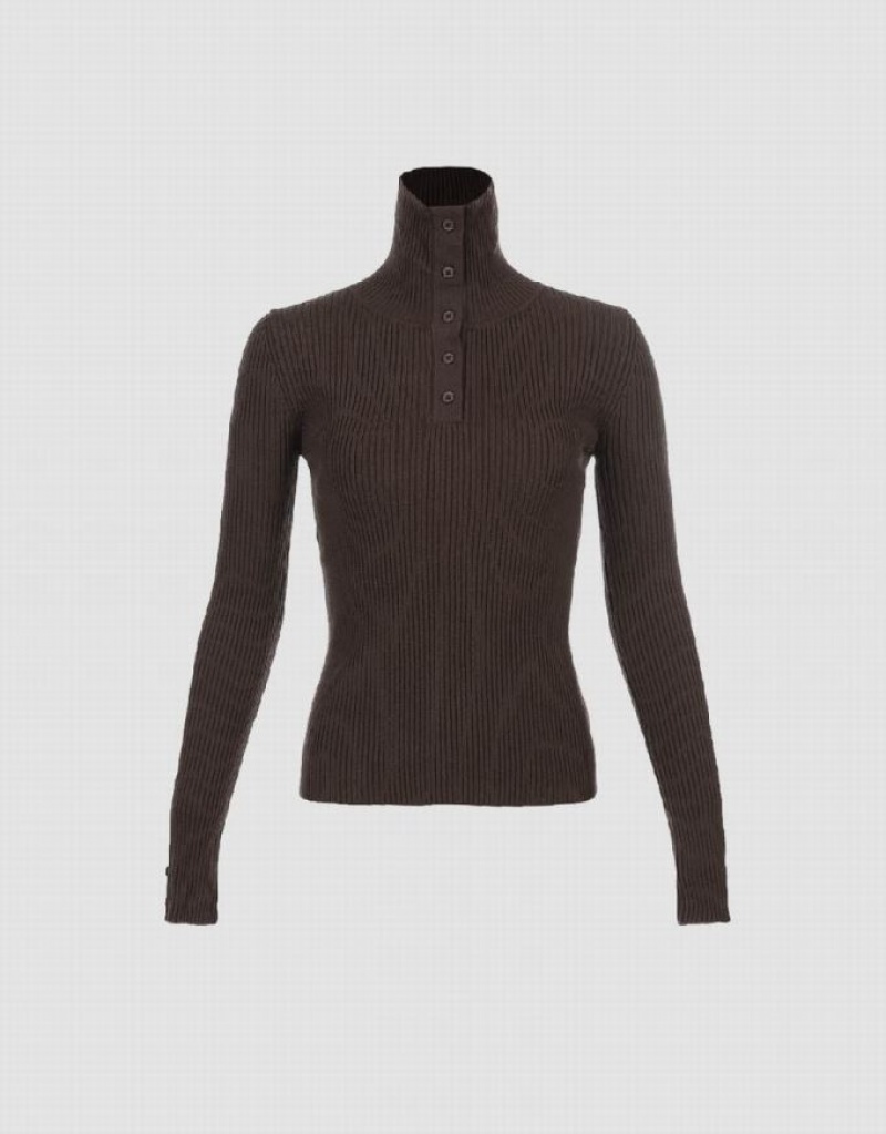 Urban Revivo Turtle Neck Skinny Knitted Women's Cardigan Brown | PYJCHUR-60